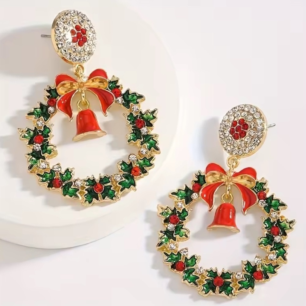 Christmas Wreath Earrings with Red Bell & Bow Holiday Statement Jewelry - Picture 6 of 7
